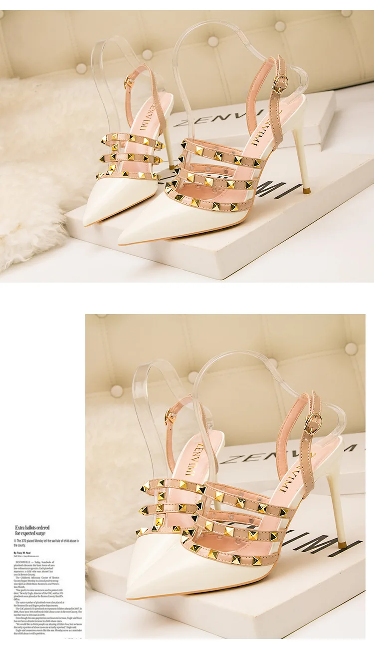 QSR/туфли-лодочки на каблуке 10 см; пикантные туфли с острым носком на высоком каблуке в римском стиле; женские босоножки с тонкими заклепками для ночного клуба; женская обувь на шпильке