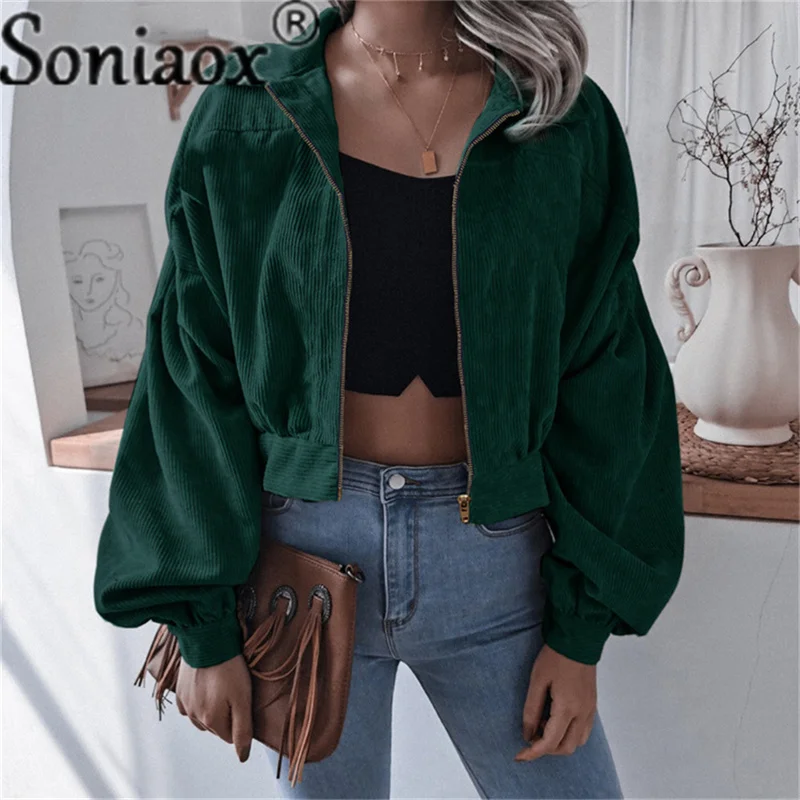 Autumn Winter New Fashion Turn-Down Collar Womens Corduroy Jackets Coat Casual Solid Lantern Sleeve Zipper Lady Short Outerwear