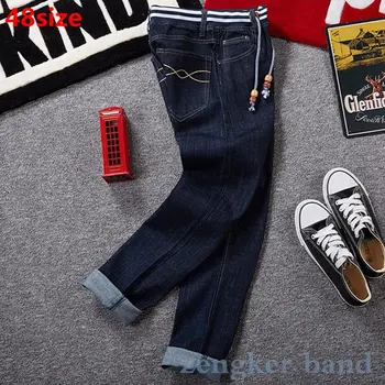 

Plus size men's autumn and winter new big size band oversize high waist stretch denim large blue jeans 44 46 48 42