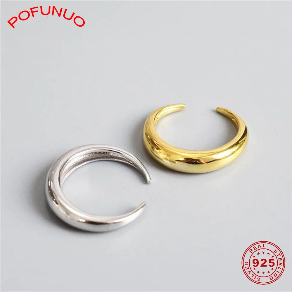 

POFUNUO 925 Sterling Silver Crescent Moon Rings Minimalist Simplicity Personality Women Arc Smooth Surface Rings Lovers Jewelry