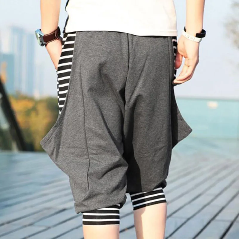 Повседневные мужские шорты,, модные хип-хоп полосатые штаны с большим карманом, низкая промежность, эластичная талия, для уличных танцев, укороченные штаны для мужчин