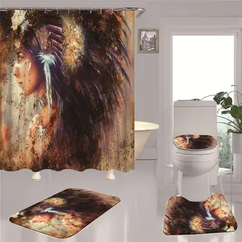 

Shower Curtain Bathroom Decor 4pcs Non Slip Toilet Polyester Cover Mat Set CP10