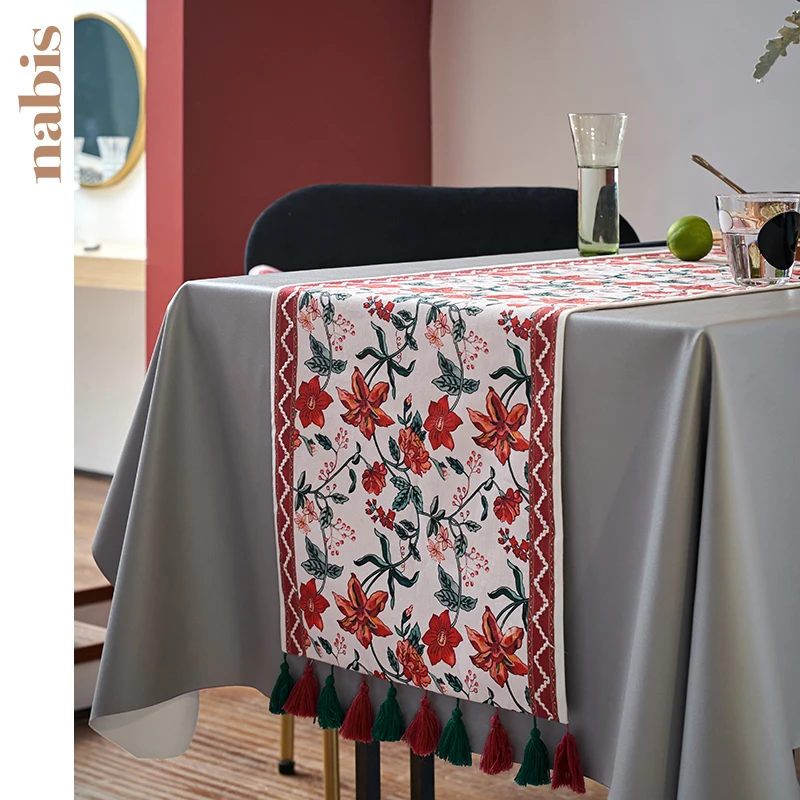 

Cotton floral table runners modern with tassel for wedding TV table