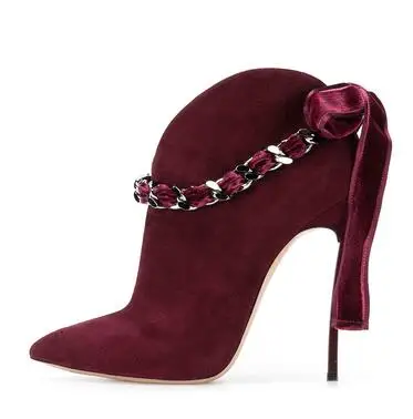 12 cm heel Черные, бежевые, розовые, бордовые, матовые, острый носок, ремень с цепочкой, металлическая шпилька, бант, большая бабочка, v-образная форма, ботильоны на высоком каблуке - Цвет: 12 cm heel