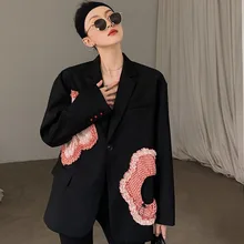 

2021 New Autumn and Winter Female Turn-down Collar Long-sleeved Blazer Coat Black Loose Patchwork Floral Minimalist Suit Top