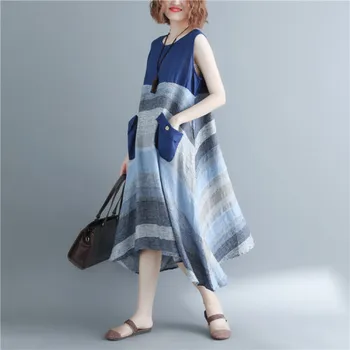 

Sleeveless Long Dress Literary Ladies Dresses Contrast Women's Summer Sundress Pockets Korean Dress Patchwork Vestidos De Fiesta