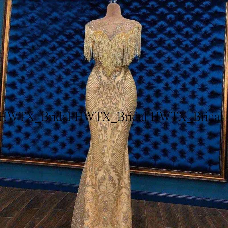 

Saudi Arabia Style Evening Dress 2020 Sparkly Gold Sequin Beading Sexy Mermaid Long Arabic Formal Evening Gowns Robe de soiree