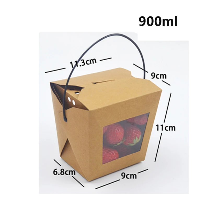 ZEQIU портативный ручной крафт-бумажный Ланч-бокс прозрачное окно фруктовый салат макароны контейнер 450 мл/728 мл/900 мл/1260 мл - Цвет: 900ml  25pcs