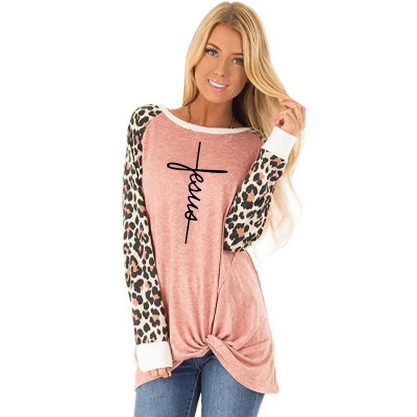 Новая модная леопардовая крученая футболка с длинным рукавом с надписью Faith, футболка для женщин, женская футболка размера плюс, укороченный топ