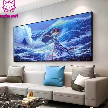 Poseidon 3d full square diamond Surging waves embroidery Diy diamond painting stitch cross Mermaid Fantasy woman rhinestones art