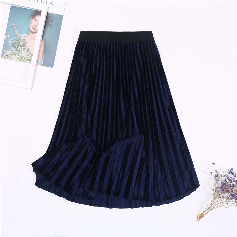 3 Navy Blue Женская винтажная осенне-зимняя бархатная юбка с высокой талией, элегантные сексуальные обтягивающие черные плиссированные юбки, женские макси юбки, женские s - Цвет: 3 Navy Blue