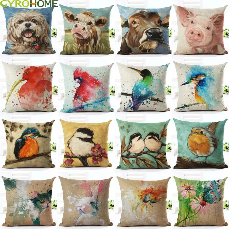 

4 PC/Set Cotton Linen Watercolor Abstract Animal Birds Printed Cushions Pillowcases Sofa Home Decor