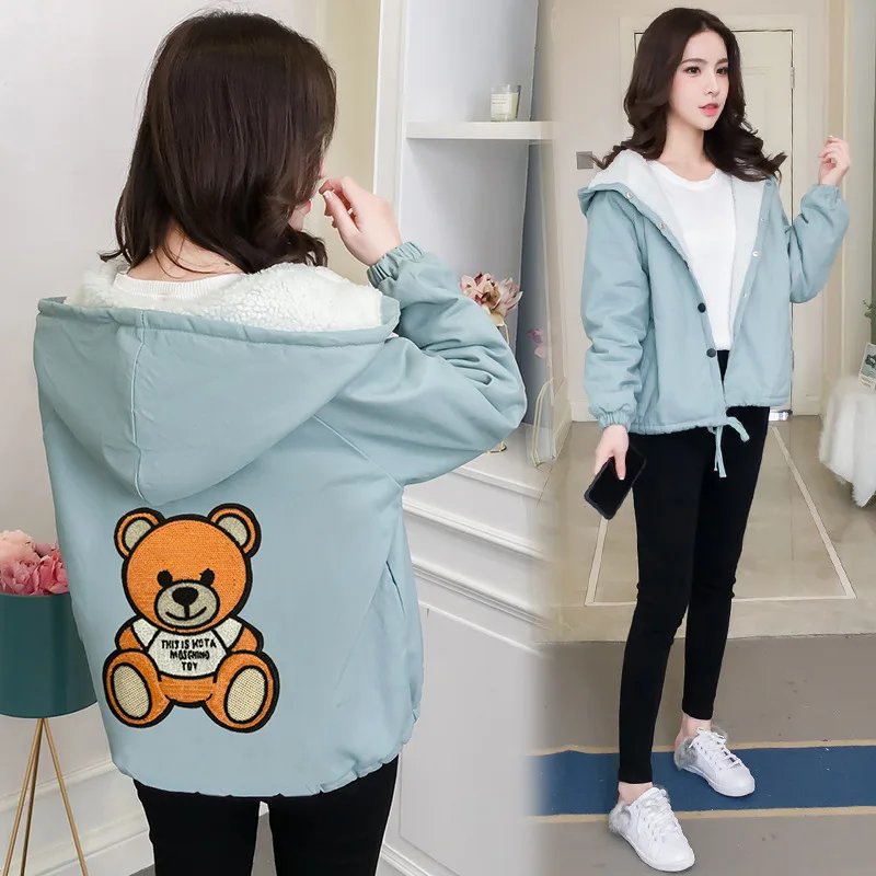 

2019 Autumn And Winter New Style Korean-style Large Size Students Mid-length Lambs Wool Hooded Cotton-padded Clothes Cotton Coat