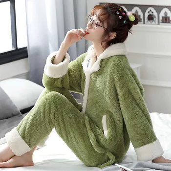 

Winter Coral Velvet Pajamas Ladies Plus Velvet Thick Flannel Warm Home Service Suit Autumn/winter Two-piece Suit