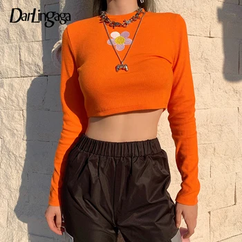 

Darlingaga Harajuku Floral Embroidery Autumn T-shirt Ribbed Bodycon Long Sleeve T shirt Women Tops Casual Basic Crop Top Tee New