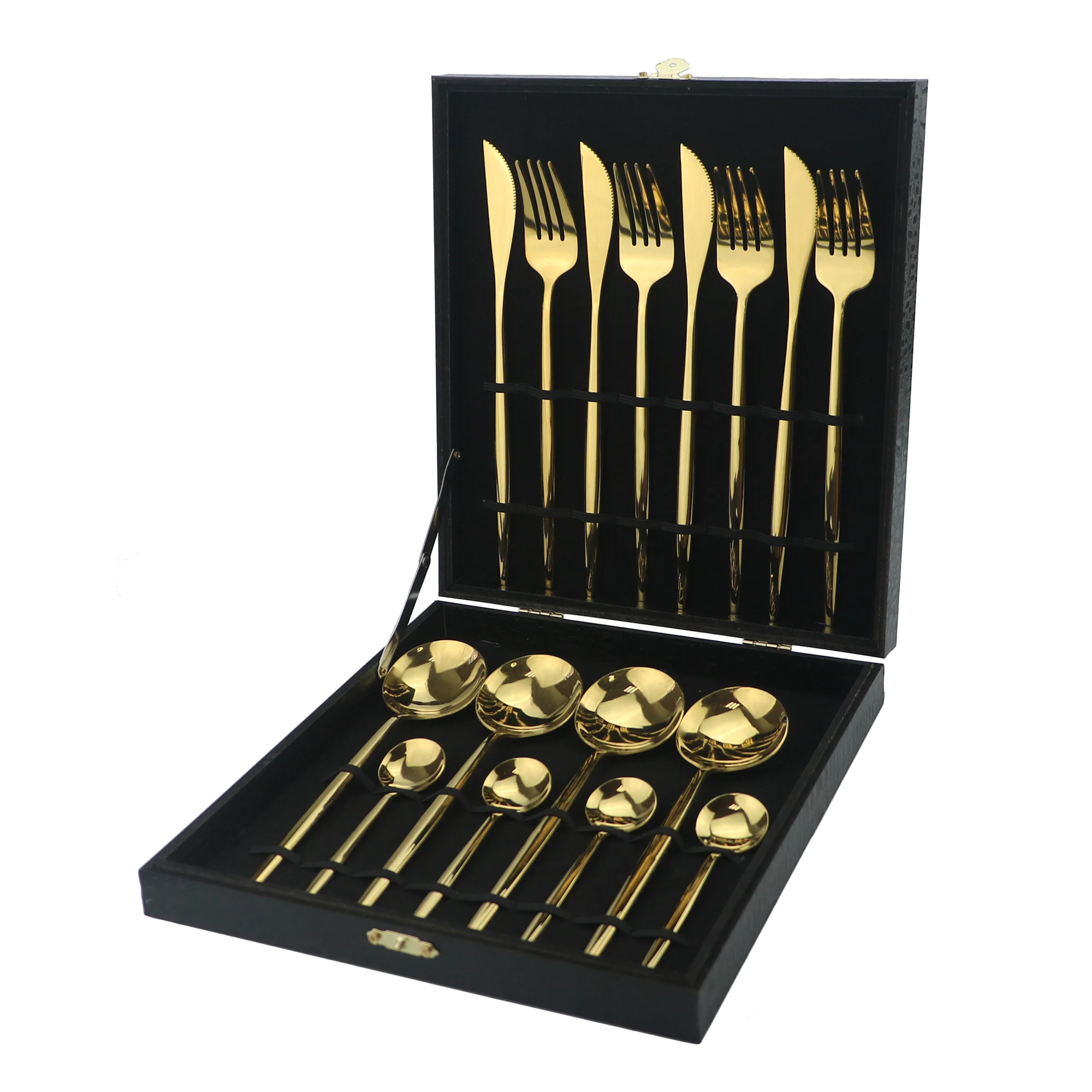4Set Black Box Gold 4 набора столовых приборов Rianbow, набор столовых приборов из нержавеющей стали 304, набор ножей, вилок, обеденная ложка, столовые приборы, свадебные столовые приборы из серебра, деревянная подарочная коробка - Цвет: 4Set Black Box Gold