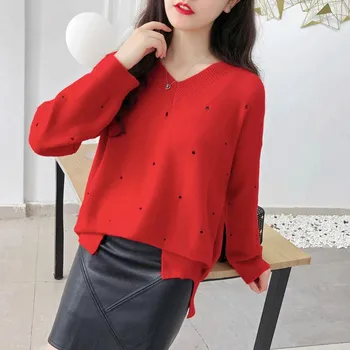 

Autumn Winter fashion V-neck Long-sleeved Sweater Casual Solid Color Women Knit Pullover New Fashion Sweaters