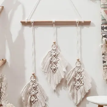 

Nordic Bohemian Style Macrame Tapestry Handmade Woven Wall Hanging Tassels Leaves Feather Home Decoration Ornament with Wooden
