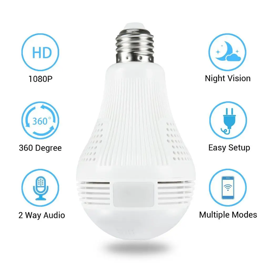 

360 Degree LED Light 960P Wireless Panoramic Home Security Security WiFi CCTV Fisheye Bulb Lamp IP Camera Two Ways Audio