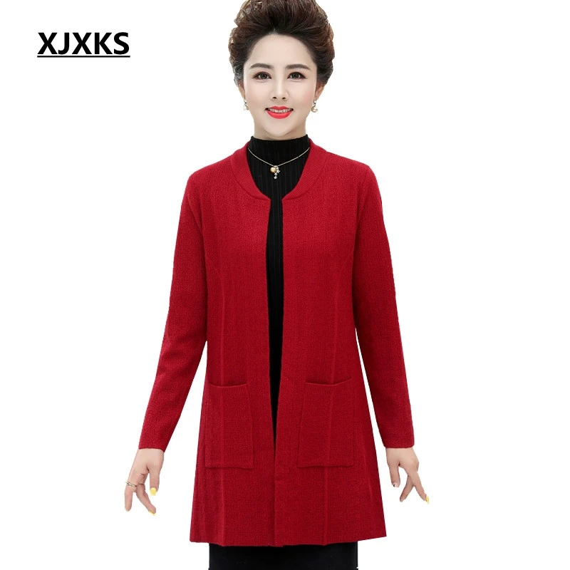 

XJXKS Woman Sweater Autumn And Winter Fashion Wool Long Cardigan Women Solid Color Pocket Long Sleeve Women Sweater Coat