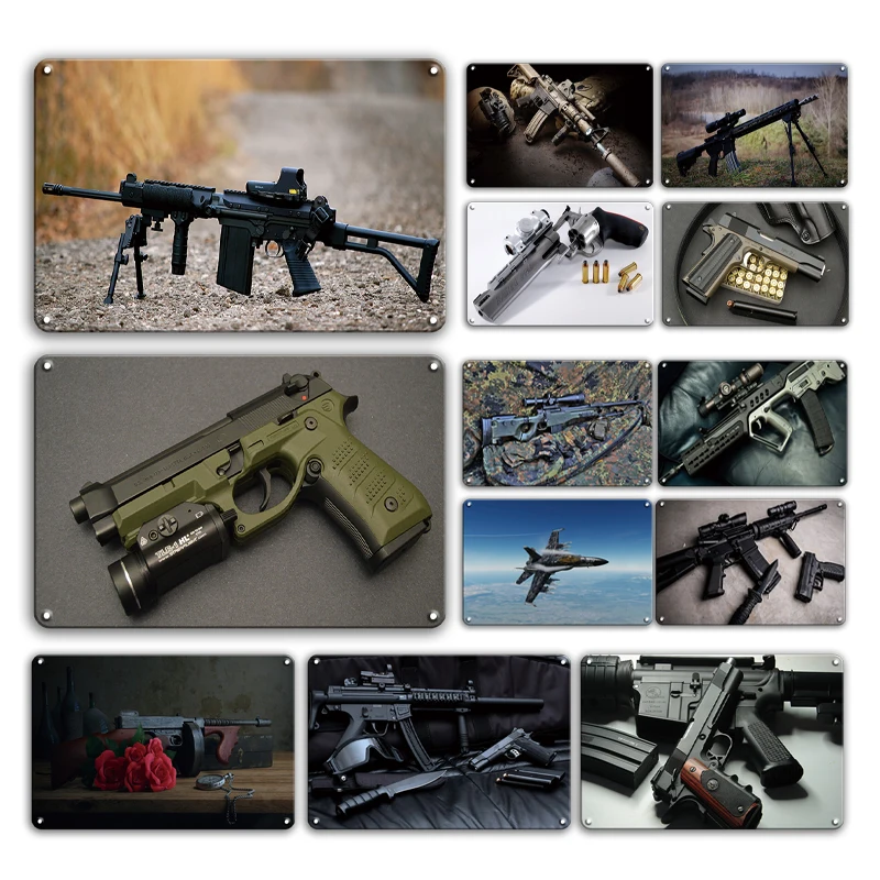 Military Weapon Tin Poster Vintage Gun Metal Sign Man Cave Room Decor Plaque Personalized Metal Poster Stickers Home Wall Decor