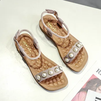 

2020 Fashion Sandals Women Flat Sandals Ankle Strap Beaded Women's Shoes Beach Sandals Plus Size 35-43