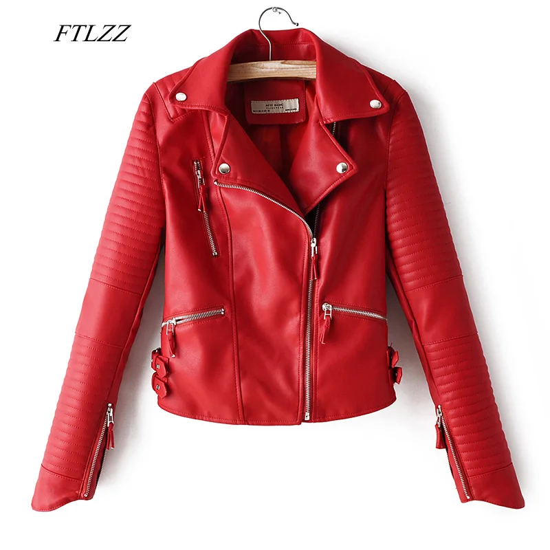 

FTLZZ Autumn Women Faux Soft Leather Jacket Pu Motorcycle Zipper Rivet Coat Turndown Collar Black Red Pink Biker Leather Outwear