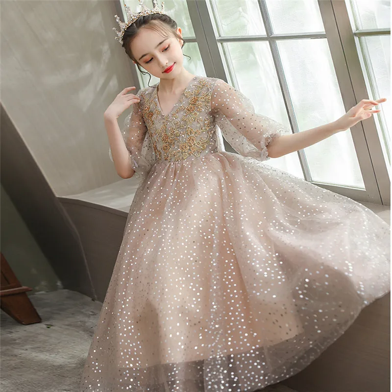Summer Luxury 2021New Children Girls V-Collar Neck Birthday Evening Party Princess Lace Dress Kids First Communication Host Wear | Детская