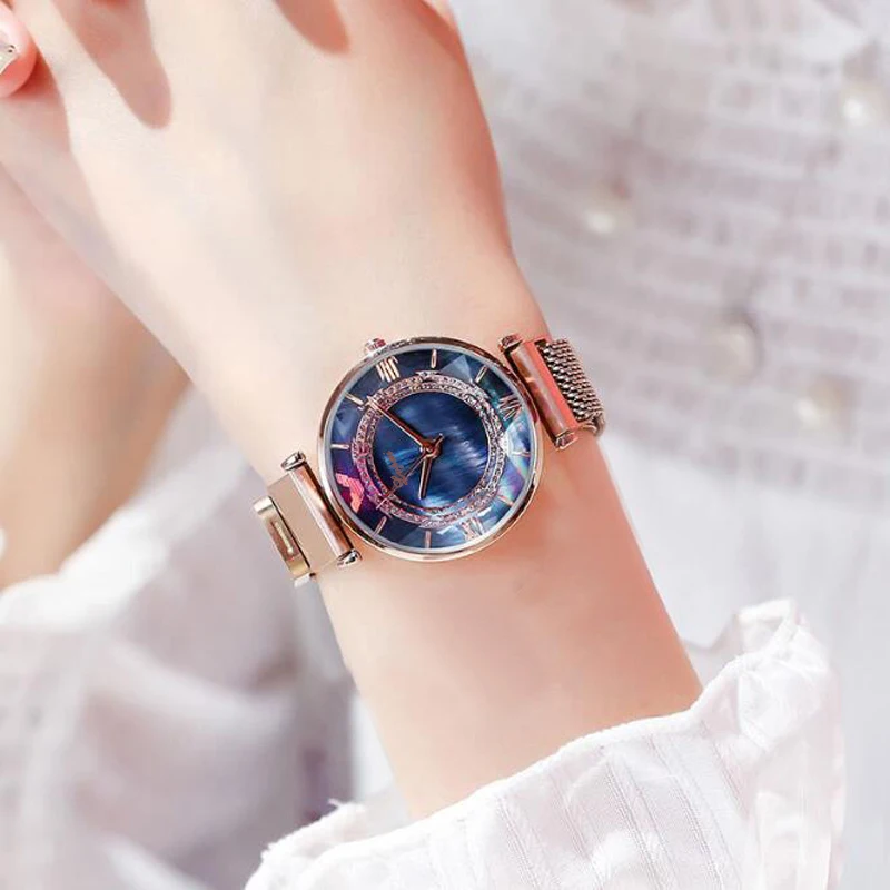 Rose Gold Blue Роскошная огранка камня цветок зеркало женские часы магнит сетка Группа Стразы кварцевые наручные часы женские бриллиантовые часы zegarek damsk - Цвет: Rose Gold Blue