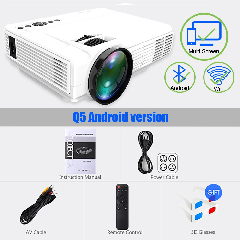 POWERFUL Q5 LED Mini Projector 800*600dpi Support 720P Portable Projector Home Cinema Beamer Optional Android WIFI Proyector - Цвет: Q5 Android White