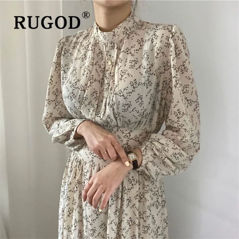 RUGOD шикарные винтажные платья для женщин с цветочным принтом Мандарин Воротник элегантное платье Империя Тонкий длинное платье шифон на шнуровке vestidos
