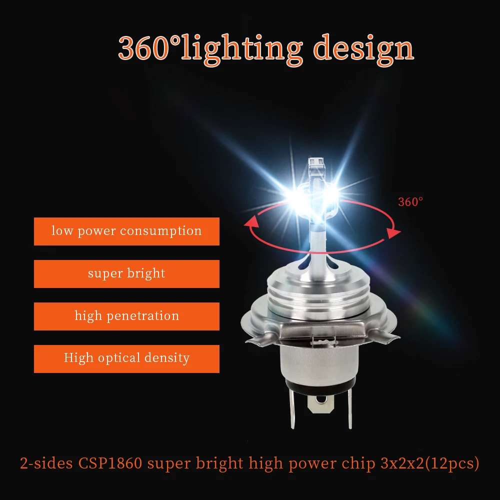 YM E-Bright 2 шт. H4 BA20D 6500K мотоциклетный головной светильник 18 Вт высокой мощности CSP 1860 светодиодный Белый дальний/ближний свет 1500LM противотуманный светильник