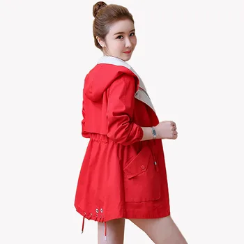 

Spring Autumn Women's Windbreaker Drawstring Waist Hooded Simple Solid Trench Coat Female Mid-long Outerwear Student Tops AH62
