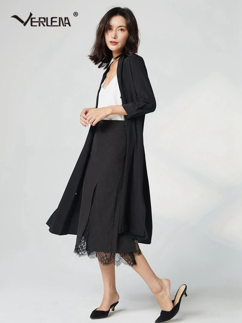 Verlena Шелковая черная упаковка летнее платье для женщин с рукавом на запястье v-образный вырез рубашка в стиле нормкор платье 2 стиля Элегантное Длинное покрытие