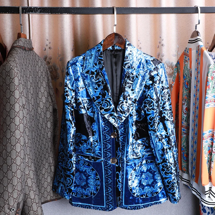 High Street куртки 2019 для женщин Осенняя мода Роскошные с цветочным принтом Лидер продаж Англия Стиль Синий Топ Полосатый однобортный пальт