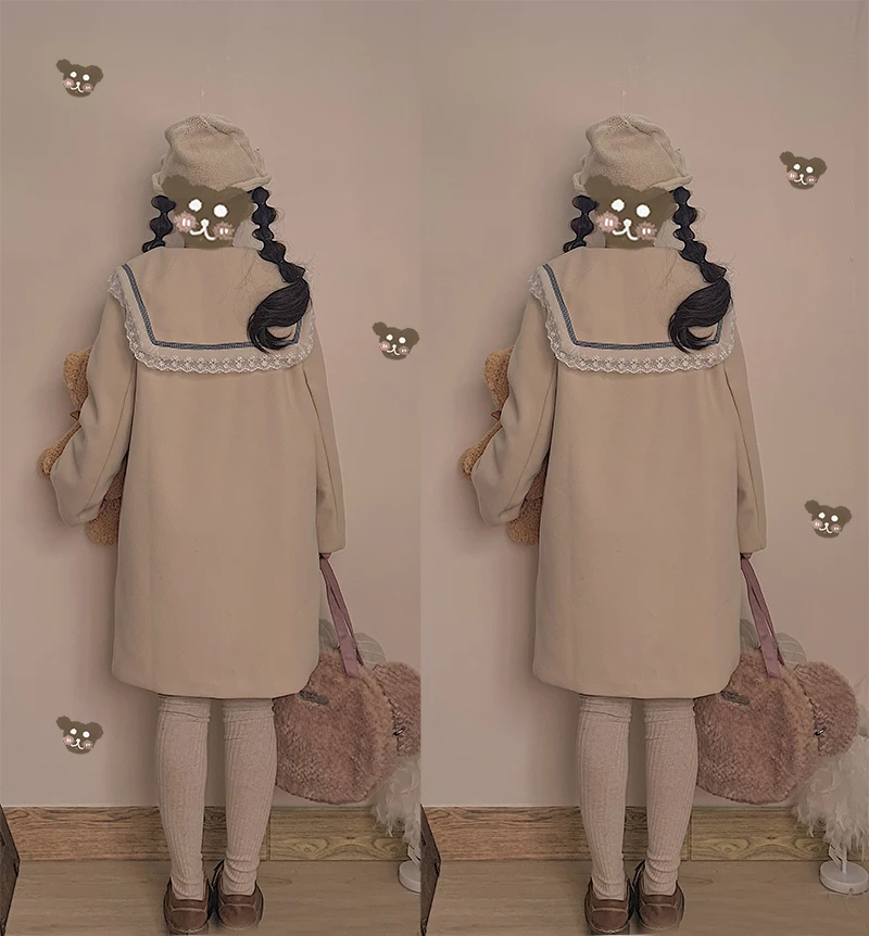 Мори девушка Лолита Зима Теплый Прекрасный вишня кружево отделка матросский воротник шерстяное пальто Студенческая японская мягкая куртка в стиле каваи верхняя одежда