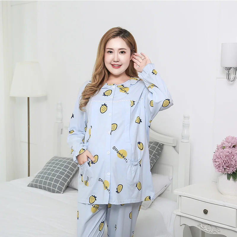 Осенняя Пижама большого размера; Одежда для беременных; одежда из хлопка для мамы; домашняя одежда; одежда для грудного вскармливания; пижамный комплект; 2XL-6XL - Цвет: Синий
