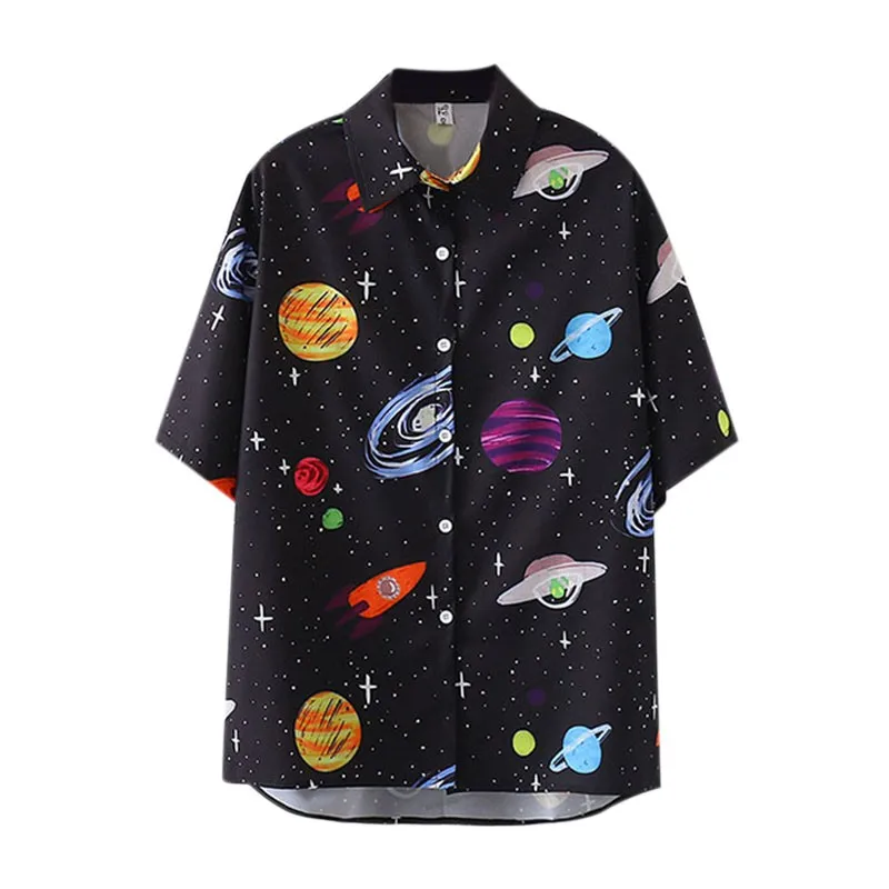 

Liva Girl Retro Shirt All-Match Women Blouse Cosmic Starry Sky Print Pattern Top Loose Black Lapel Vetements Femmes