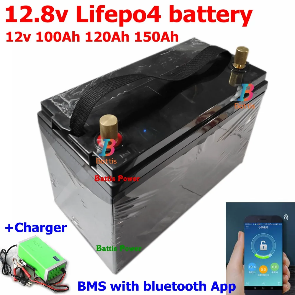 Водонепроницаемый 12V 100Ah 120Ah 130Ah 150Ah Lifepo4 батарей BMS с bluetooth для 1200w Солнечная система дом на колесах Лодка на колесах+ 10A зарядное устройство