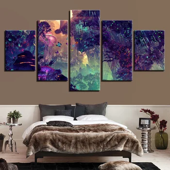 

Wall Art Canvas Painting Printed Poster Frame 5 Pieces Colorful Glowing Forest Home Decor Modular Mushroom Tree Pictures