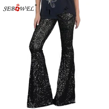 

SEBOWEL 2020 Black Hight Waist Elastic Sequin Wide Flares Pants for Woman Party Dance S-XL Female Glitter Bell-bottomed Trousers