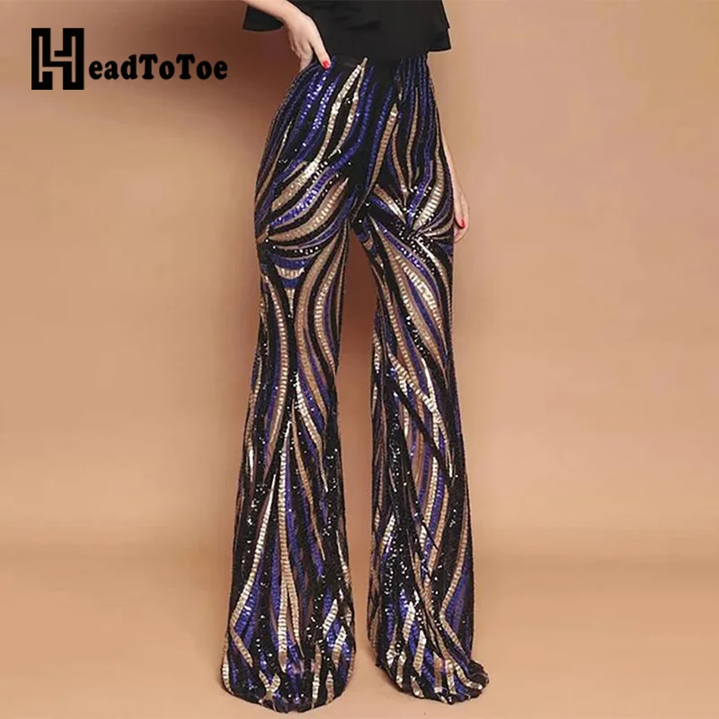 

Glitter High Waist Bell-bottomed Colorblock Striped Sequins Pants Women Night Party Clubwear Flare Pants