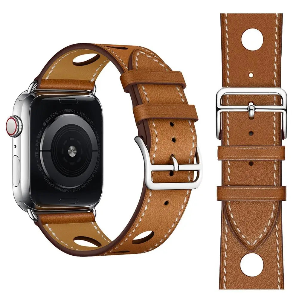 Single Circle Three Holes Genuine Leather Watch Strap for Apple Watch Series 3& 2& 1 38mm 40mm 42mm 44mm Watch Band