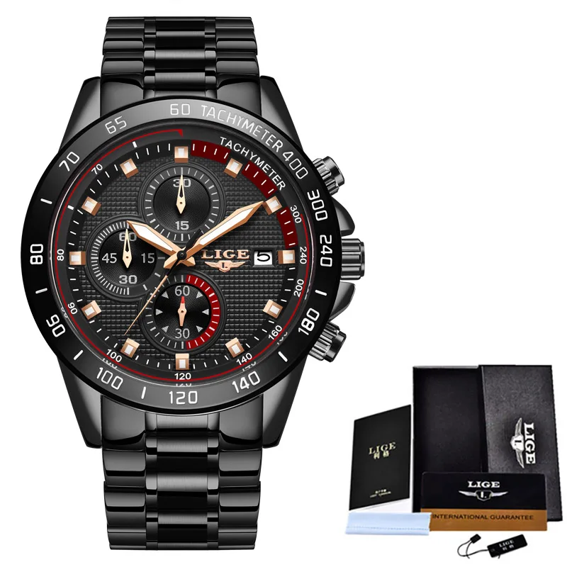 LIGE, новинка, модные мужские часы с нержавеющей сталью, Топ бренд, роскошные спортивные кварцевые часы с хронографом, мужские часы - Цвет: Full black