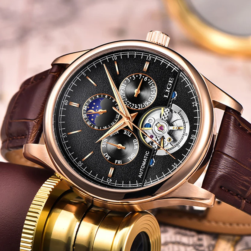 2020 LIGE New Men Watch Automatic Mechanical Tourbillon High end watch Genuine Leather Waterproof Relogio Masculino | Наручные часы