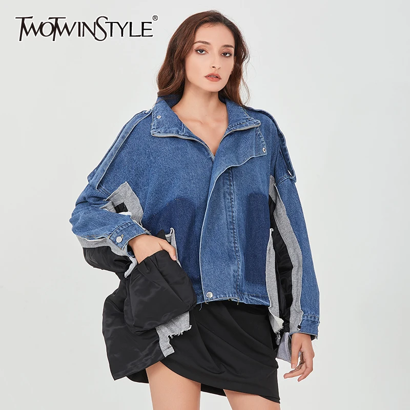 

TWOTWINSTYLE Irregular Patchwork Denim Jacket For Women Lapel Batwing Sleeve Casual Loose hit color Coat Female 2020 Fall New