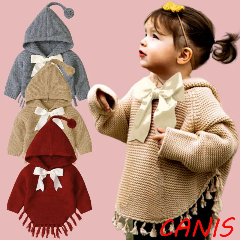 1 предмет, вязаная для маленьких девочек, свитера с кисточками верхняя одежда, плащ, пуловер с длинными рукавами одежда с бантом осенне-зимняя одежда на возраст от 0 до 24 месяцев