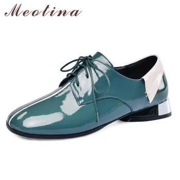 

Meotina Genuine Leather Flats Women Shoes Mixed Colors Flat Derby Shoes Cow Patent Leather Square Toe Shoes Lady Autumn Size 43