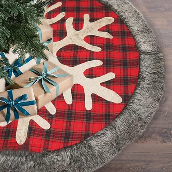 

Christmas Tree Skirt,48 Inch Burlap Plaid Christmas Tree Skirt with Snowflake and Plush,Xmas Tree Holiday Decorations