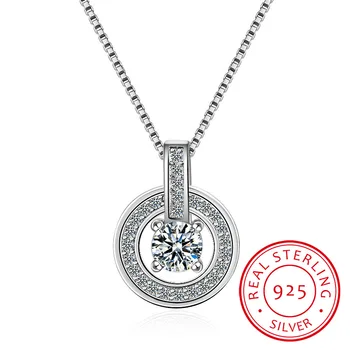

925 Sterling Silver Necklaces Rhinestone Double Circle Pendant Necklace Jewelry Collar Colar de Plata